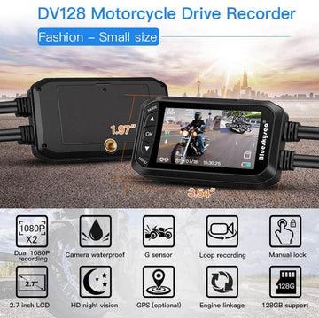 Blueskysea DV128 Motorcycle Dash Cam, 1080P Dual Lens Video Recorder Motorcycle Camera with 2.7” LCD Front & Rear Waterproof DVR with G-Sensor, Loop Recording, GPS, Manual Lock, Night Vision, 130° Angle - Imported from UK
